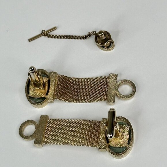Dante Gold Tone Mesh Cufflinks & Tie Tack Set Green Stone Vintage Mens - Picture 6 of 8